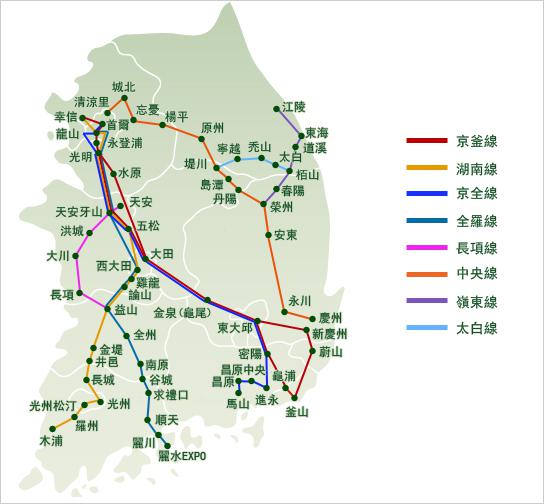 韓國火車路線圖 <圖片來源：韓國觀光公社官網>